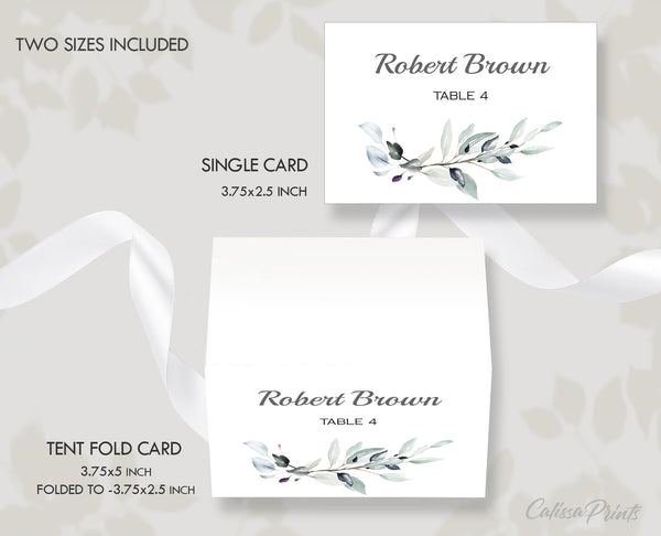 Wedding Place Cards Flat and Tent Folded Printable Template, Green Yellow Leaves Herbs Design, Claire Collection WED01 - CalissaPrints