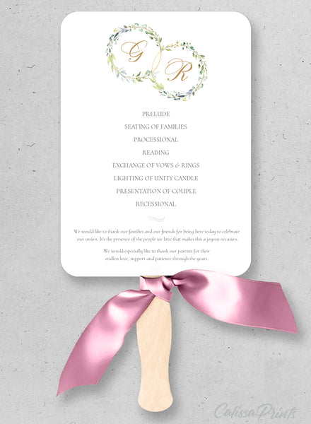 Wedding Program Fan Printable Template, Green Leaves Design - Claire Collection, WED01 - CalissaPrints