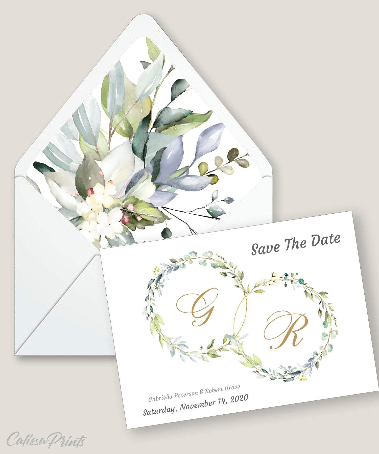 Wedding Save The Date Card Printable Template, Green Yellow  Leaves Herbs Design, Claire Collection WED01 - CalissaPrints