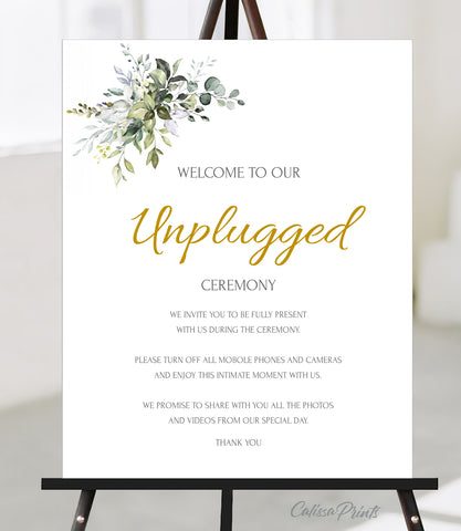 Wedding Unplugged Sign Printable Template, Pastel Green Yellow Leaves Herbs Design, Claire Collection WED01 - CalissaPrints