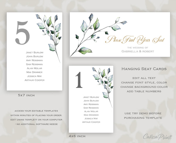 Wedding Seating Hanging Cards Templates, Green Yellow Herbs Design, Claire Collection WED01 - CalissaPrints