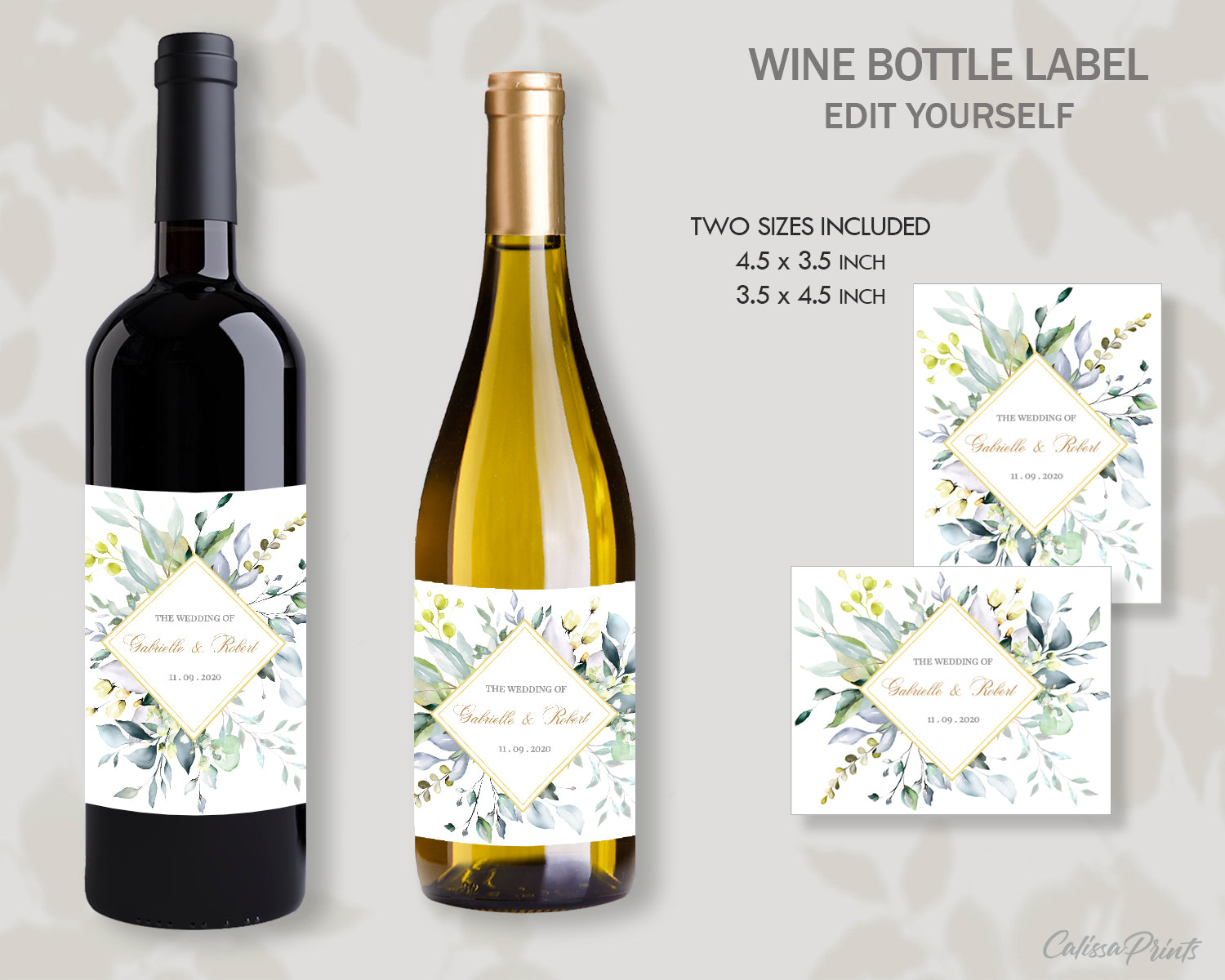 Wedding Favor Wine Bottle Label Template, Green Yellow Leaves Herbs Design, Claire Collection WED01 - CalissaPrints