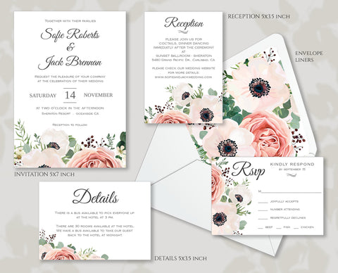 Wedding Invitation, RSVP, Details, Reception Cards Template, Envelope Liners, Anemone Rose Flower Leaves Design, Amelia Collection WED02 - CalissaPrints