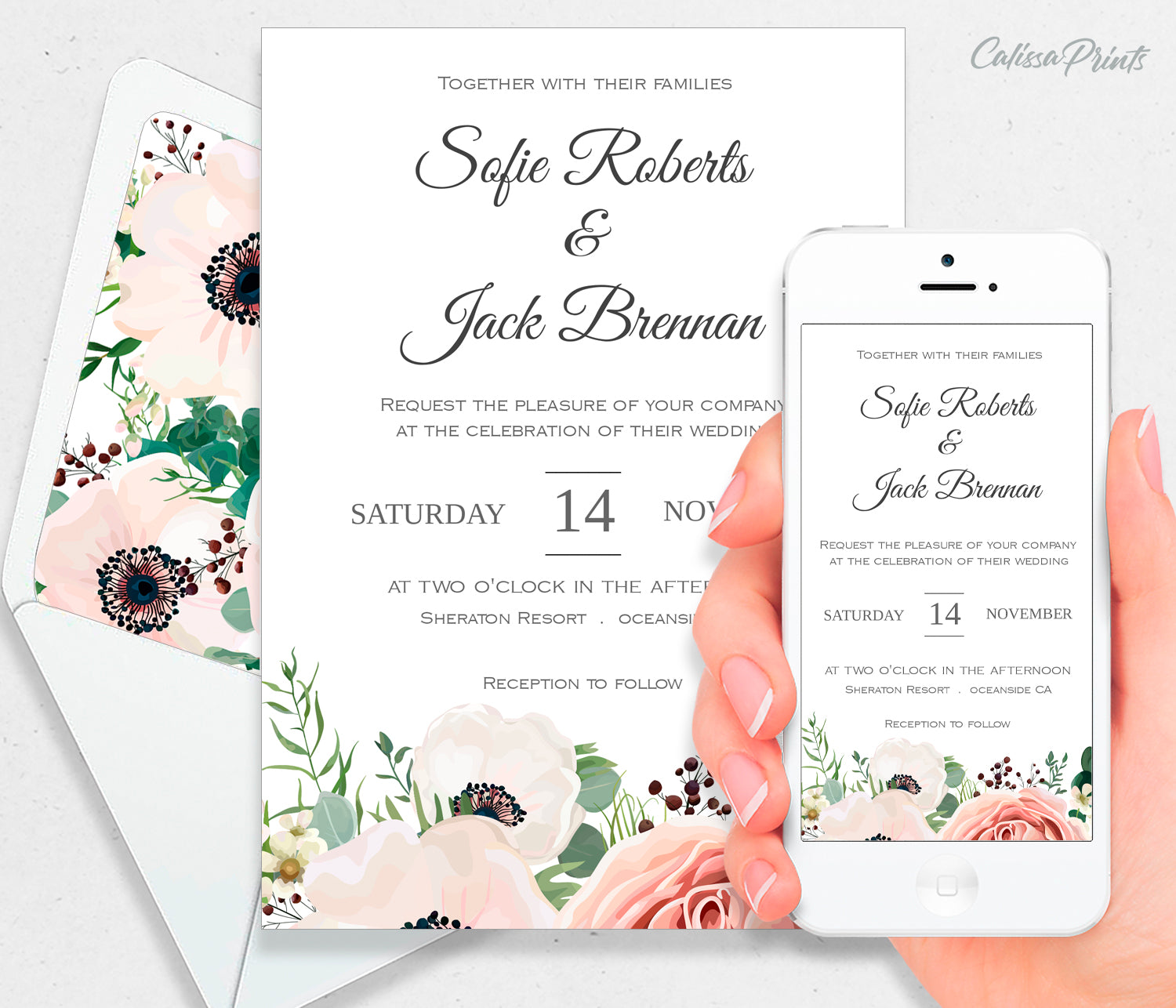 Wedding Invitation Templates - AMELIA - Anemone Rose Flower Green Leaves Design, WED02 - CalissaPrints