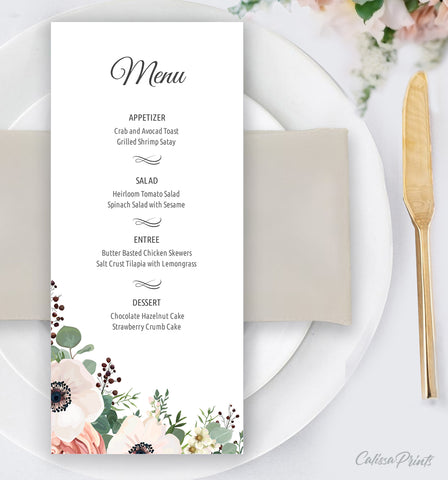 Wedding Menu Card Printable Templates, Anemone Rose Flower Green Leaves Design, Amelia Collection Wed002 - CalissaPrints