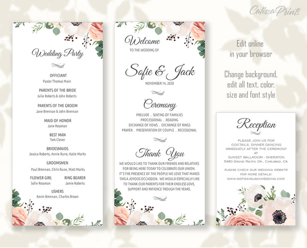 Wedding Program Reception Party Printable Templates, Anemone Rose Design, AMELIA Collection WED02 - CalissaPrints
