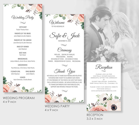 Wedding Program Reception Party Printable Templates, Anemone Rose Design, AMELIA Collection WED02 - CalissaPrints