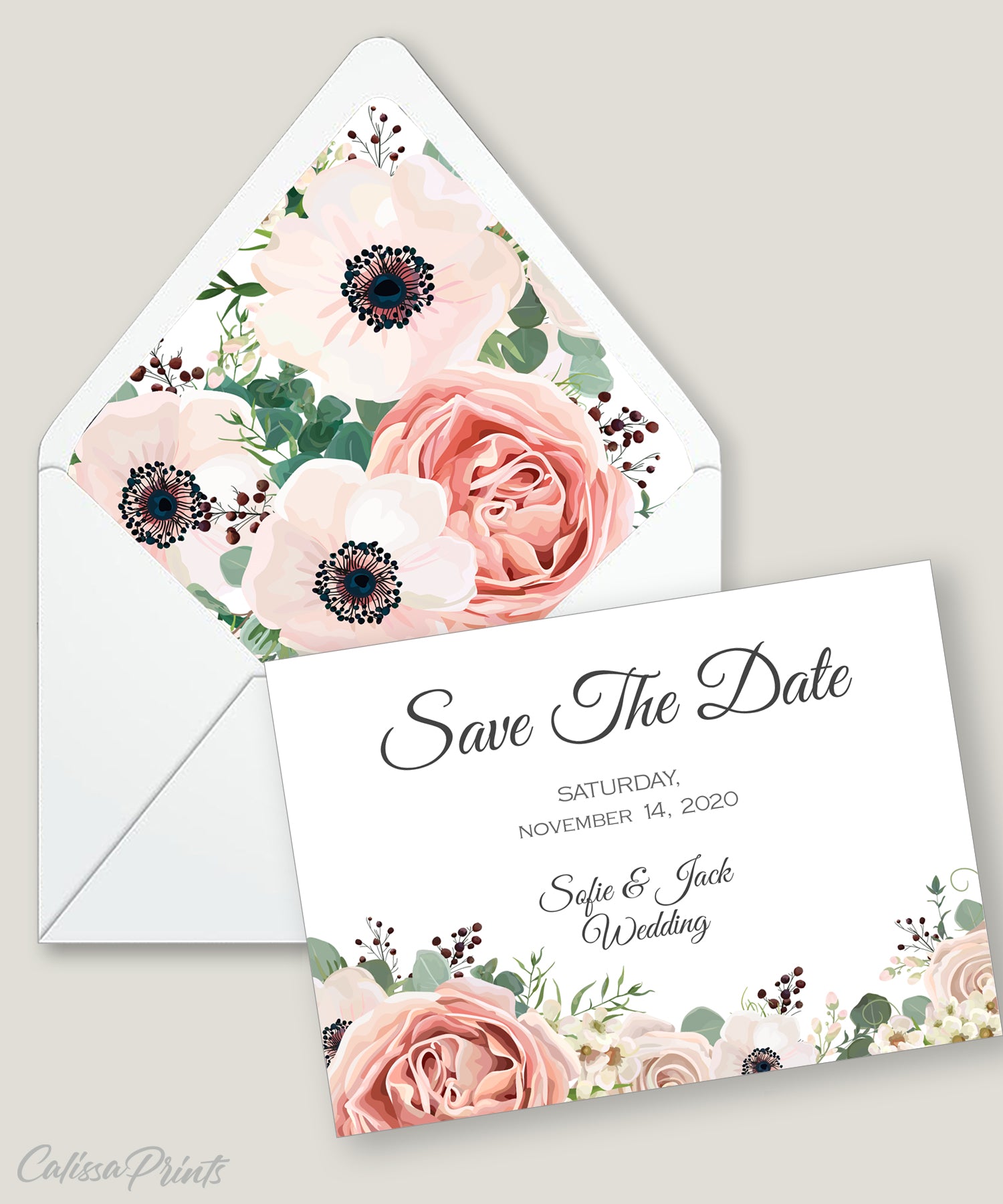 Wedding Save The Date Card Printable Template Anemone Rose Green Leaves Design, Amelia Collection WED02 - CalissaPrints