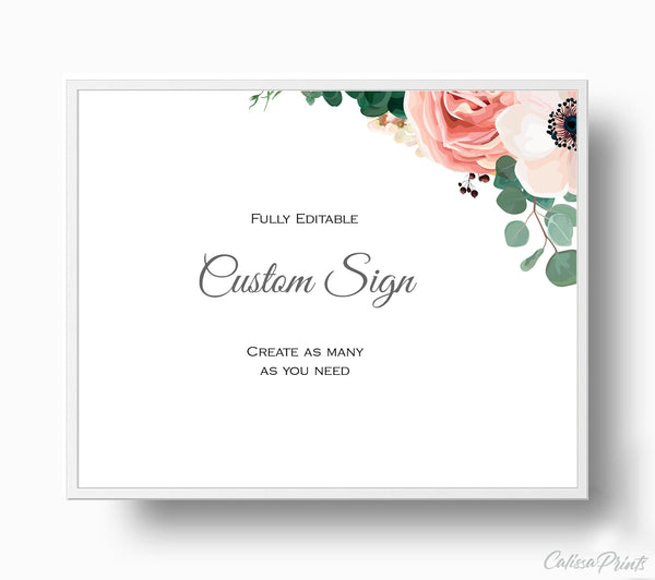 Wedding Custom Sign Printable Templates, Anemone Rose Flower Green Leaves Design, Amelia Collection WED02 - CalissaPrints