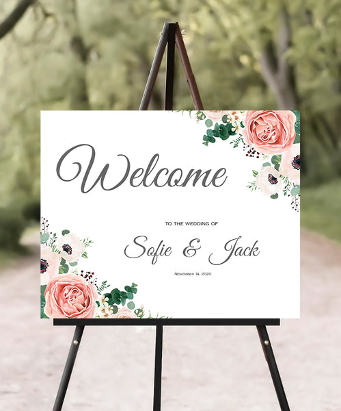Wedding Welcome Sign Printable Templates, Anemone Rose Flower Green Leaves Design, Amelia Collection WED02 - CalissaPrints