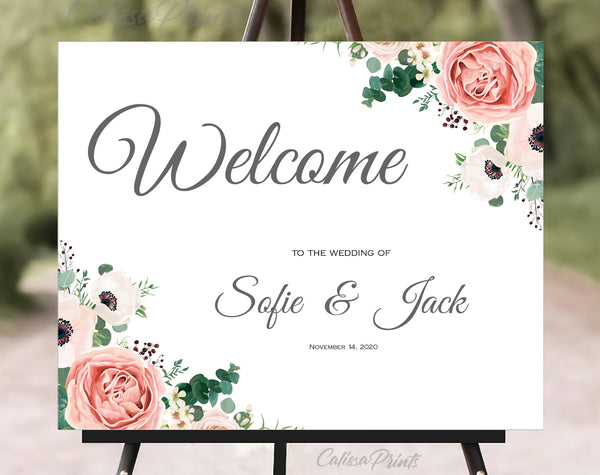 Wedding Welcome Sign Printable Templates, Anemone Rose Flower Green Leaves Design, Amelia Collection WED02 - CalissaPrints