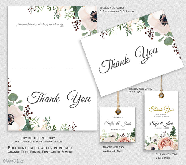 Wedding Thank You Cards, Favor Tags Printable Templates, Anemone Rose Flower Green Leaves Design, Amelia Collection Wed02 - CalissaPrints