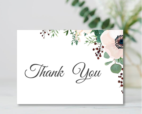 Wedding Thank You Cards, Favor Tags Printable Templates, Anemone Rose Flower Green Leaves Design, Amelia Collection Wed02 - CalissaPrints
