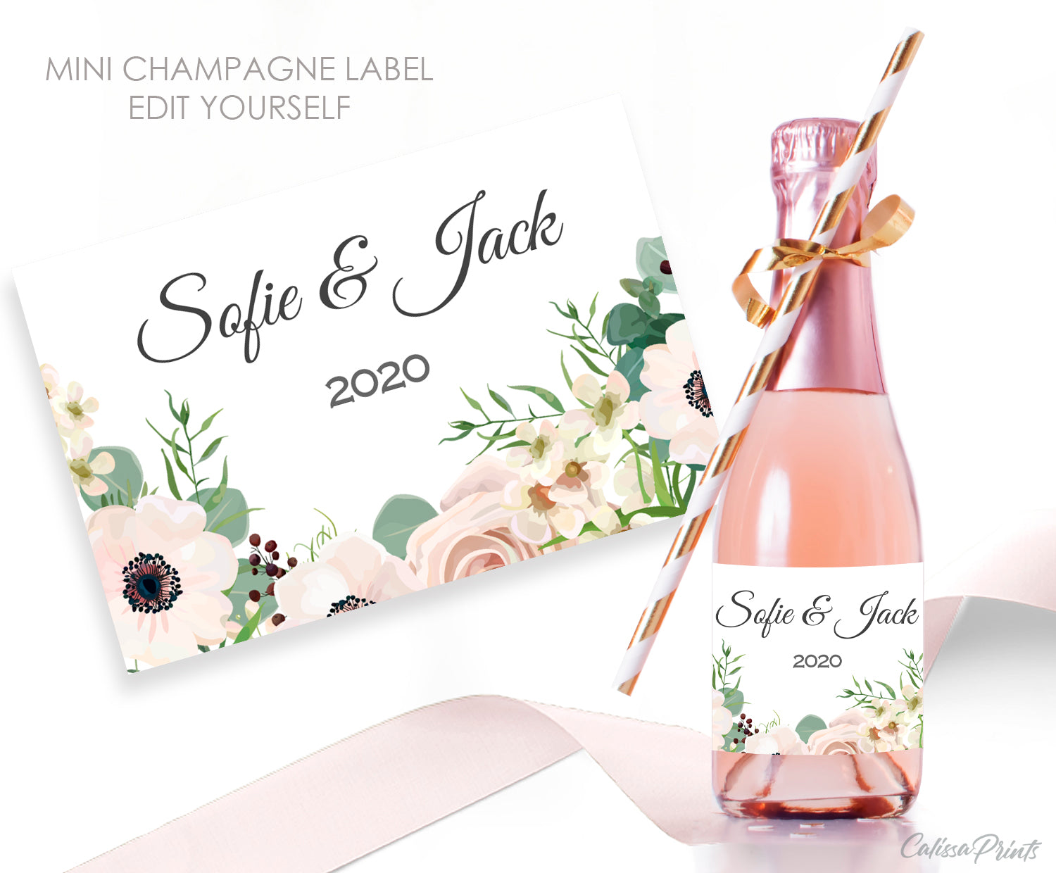 Wedding Favor Mini Bottle Label Template, Anemone Rose Flower Green Design, Amelia Collection WED02 - CalissaPrints