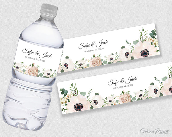 Wedding Water Bottle Label Editable Template, Anemone Rose Flower Green Leaves Design, Amelia Collection WED02 - CalissaPrints