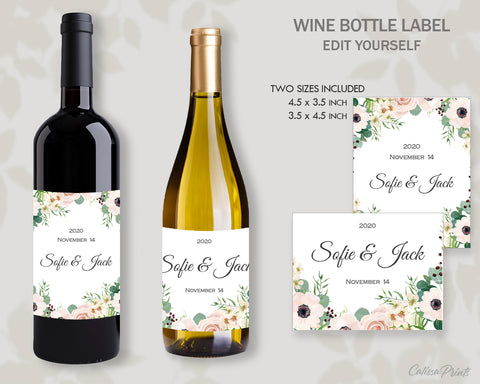 Wedding Favor Wine Bottle Label Template, Anemone Rose Flower Green Design, Amelia Collection WED02 - CalissaPrints