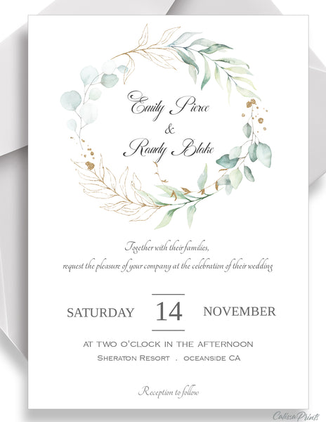 Wedding Invitation, RSVP, Details, Reception Cards Template, Envelope Liners, Eucalyptus Green Gold Leaves Design, SOFIE Collection WED03 - CalissaPrints