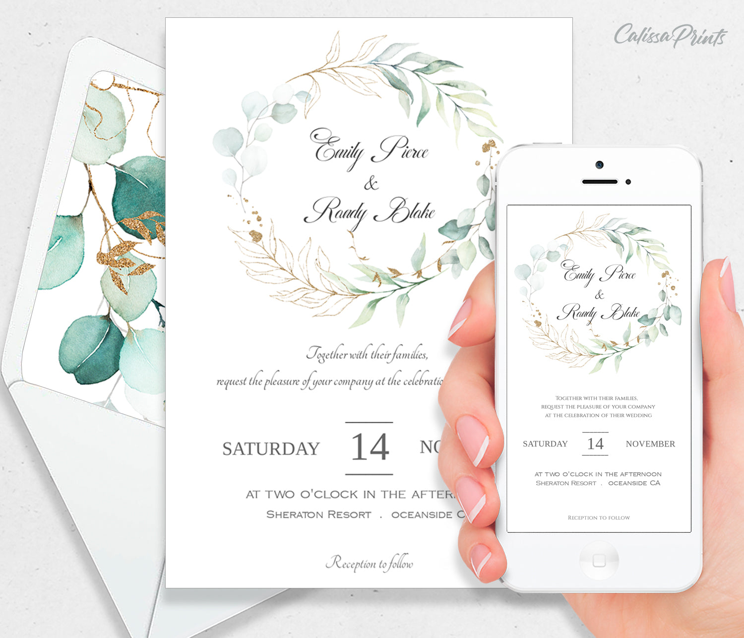 Wedding Invitation Templates - SOFIE - Eucalyptus Green Gold Leaves Design,  WED03 - CalissaPrints