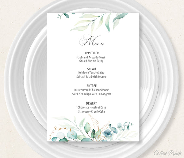 Wedding Menu Cards Template, Eucalyptus Green Gold Leaves Design, SOFIE Collection WED03 - CalissaPrints