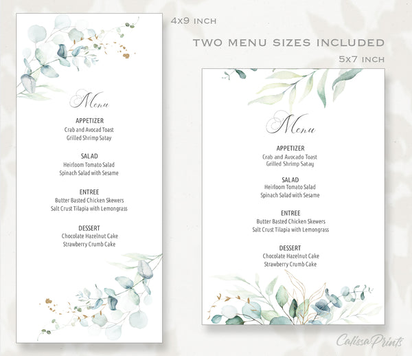 Wedding Menu Cards Template, Eucalyptus Green Gold Leaves Design, SOFIE Collection WED03 - CalissaPrints