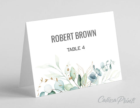 Wedding Place Cards Flat and Tent Folded Printable Template, Eucalyptus Green Gold Leaves Design, SOFIE Collection WED03 - CalissaPrints