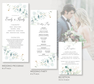 Wedding Program Reception Party Printable Templates, Eucalyptus Gold Design, SOFIE Collection WED03 - CalissaPrints