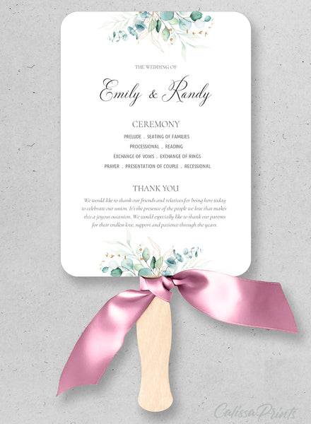 Wedding Program Fan Printable Template, Eucalyptus Gold Leaves Design, Sofie Collection WED03 - CalissaPrints