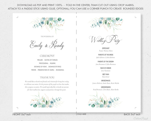Wedding Program Fan Printable Template, Eucalyptus Gold Leaves Design, Sofie Collection WED03 - CalissaPrints