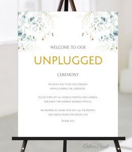 Wedding Unplugged Sign Printable Template, Eucalyptus Green Gold Leaves Design, SOFIE Collection WED03 - CalissaPrints