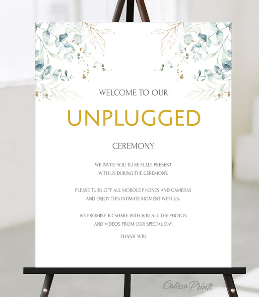 Wedding Unplugged Sign Printable Template, Eucalyptus Green Gold Leaves Design, SOFIE Collection WED03 - CalissaPrints