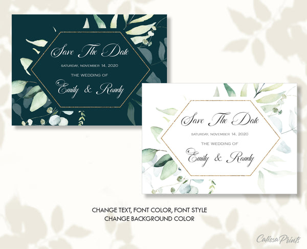 Wedding Save The Date Card Printable Template, Eucalyptus Soft Green Gold Leaves Design, SOFIE Collection WED03 - CalissaPrints