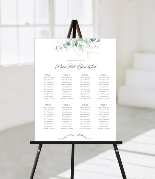 Wedding Seating Chart Printable Templates, Eucalyptus Green Gold Leaf Design, SOFIE Collection WED03 - CalissaPrints
