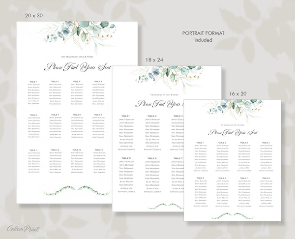 Wedding Seating Chart Printable Templates, Eucalyptus Green Gold Leaf Design, SOFIE Collection WED03 - CalissaPrints