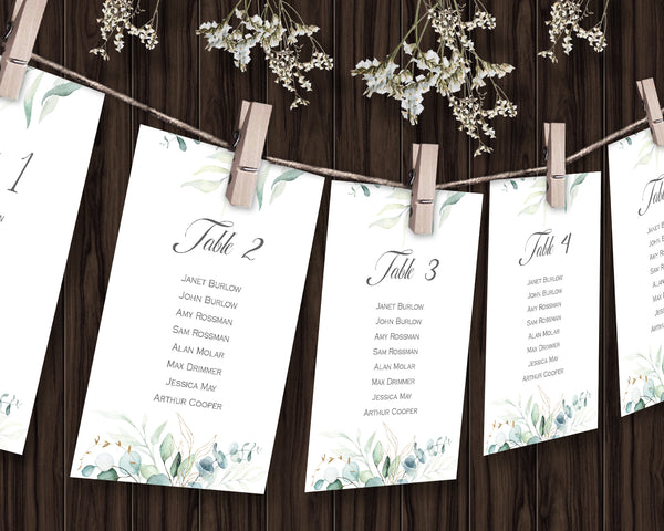 Wedding Seating Hanging Cards Templates, Eucalyptus Soft Green and Gold Leaf Design, SOFIE Collection WED03 - CalissaPrints
