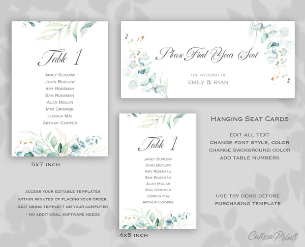 Wedding Seating Hanging Cards Templates, Eucalyptus Soft Green and Gold Leaf Design, SOFIE Collection WED03 - CalissaPrints