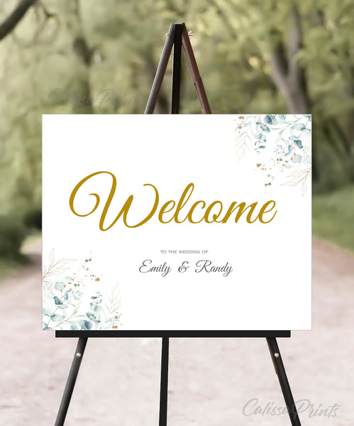 Wedding Welcome Sign Printable Templates, Eucalyptus Green Gold Leaves Design, SOFIE Collection WED03 - CalissaPrints