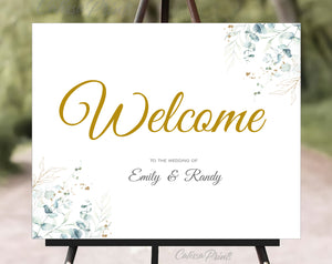 Wedding Welcome Sign Printable Templates, Eucalyptus Green Gold Leaves Design, SOFIE Collection WED03 - CalissaPrints