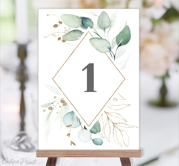 Wedding Table Number Cards Template, Eucalyptus Green Gold Leaves Design, SOFIE Collection WED03 - CalissaPrints