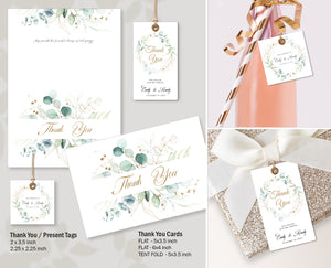 Wedding Thank You Card, Favor Tag Printable Templates, Eucalyptus Green Gold Leaves Design, SOFIE Collection Wed003 - CalissaPrints