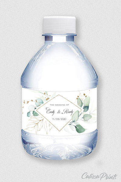 Wedding Water Bottle Label Editable Template, Eucalyptus Green Gold Leaf Design, SOFIE Collection WED03 - CalissaPrints
