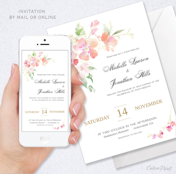 Wedding Invitation Templates - MARISOL - Pastel Pink Green Gold Flowers Design, WED04 - CalissaPrints