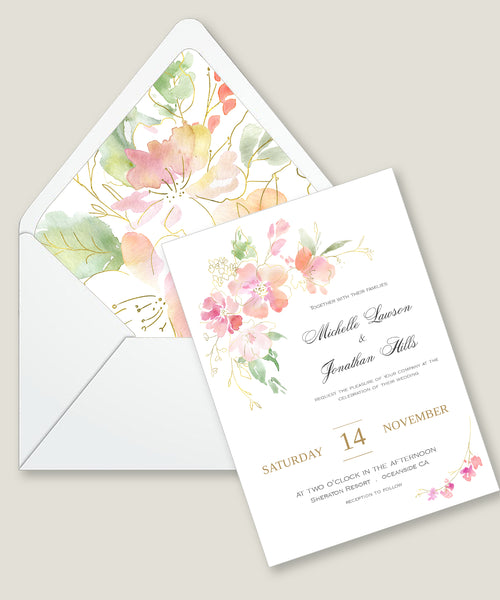 Wedding Invitation, RSVP, Details, Reception Cards Template, Envelope Liners, Pink Green Gold Flowers Design, Marisol Collection WED04 - CalissaPrints