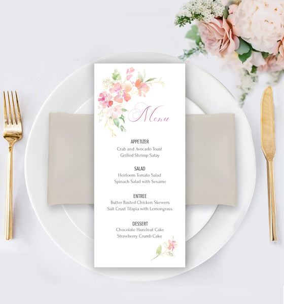 Wedding Menu Card Printable Templates, Pastel Pink Green Gold Design, Marisol Collection WED04 - CalissaPrints