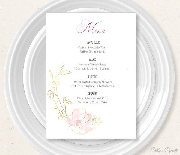 Wedding Menu Card Printable Templates, Pastel Pink Green Gold Design, Marisol Collection WED04 - CalissaPrints