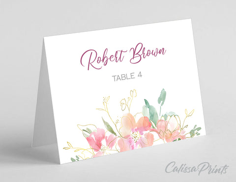 Wedding Place Cards Flat and Tent Folded Printable Template, Soft Pastel Pink Green Gold Flowers Design, Marisol Collection WED04 - CalissaPrints