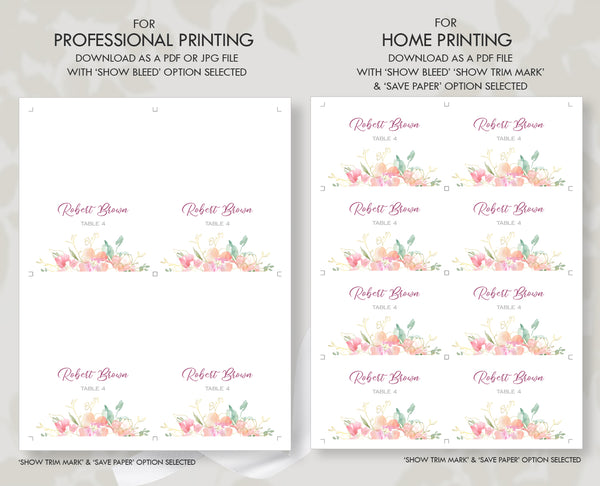 Wedding Place Cards Flat and Tent Folded Printable Template, Soft Pastel Pink Green Gold Flowers Design, Marisol Collection WED04 - CalissaPrints