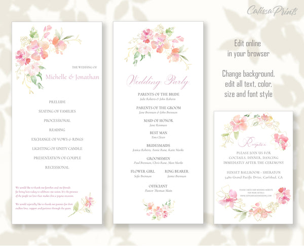 Wedding Program Reception Party Printable Templates, Pastel Pink Design, Marisol Collection WED04 - CalissaPrints