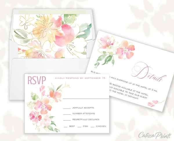 Wedding Invitation, RSVP, Details, Reception Cards Template, Envelope Liners, Pink Green Gold Flowers Design, Marisol Collection WED04 - CalissaPrints