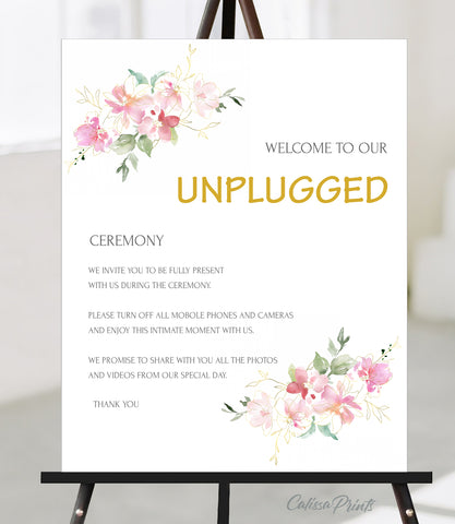 Wedding Unplugged Sign Printable Template, Soft Pastel Pink Green Gold Flowers Design, Marisol Collection WED04 - CalissaPrints