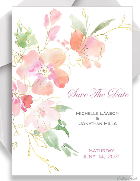 Wedding Save The Date Card Printable Template, Soft Blush Pink Gold Flowers Design, Marisol Collection WED04 - CalissaPrints